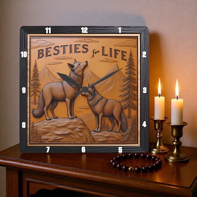 Engraved Wolf Pair Mountain Pine Square Wall Clock (Creator Uploaded)