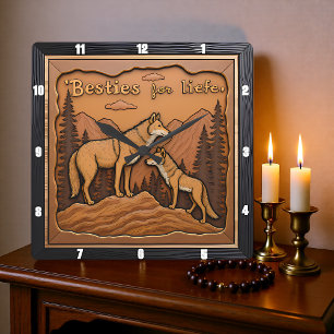 Engraved Wolf Pair Orange Mountain Square Wall Clock