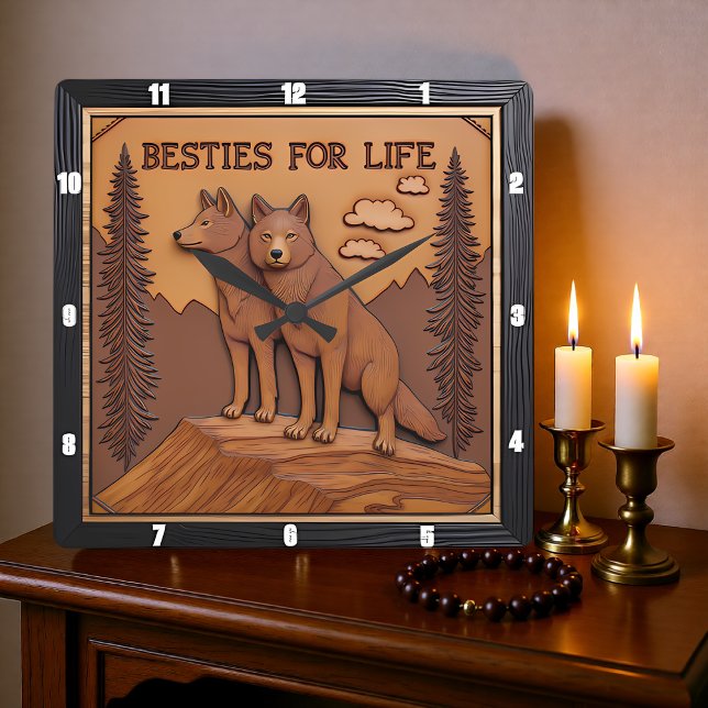 Engraved Wolf Pair Pine Forest Square Wall Clock (Creator Uploaded)