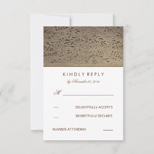 Engraved Wood Rustic Floral Wedding RSVP Cards (Front)