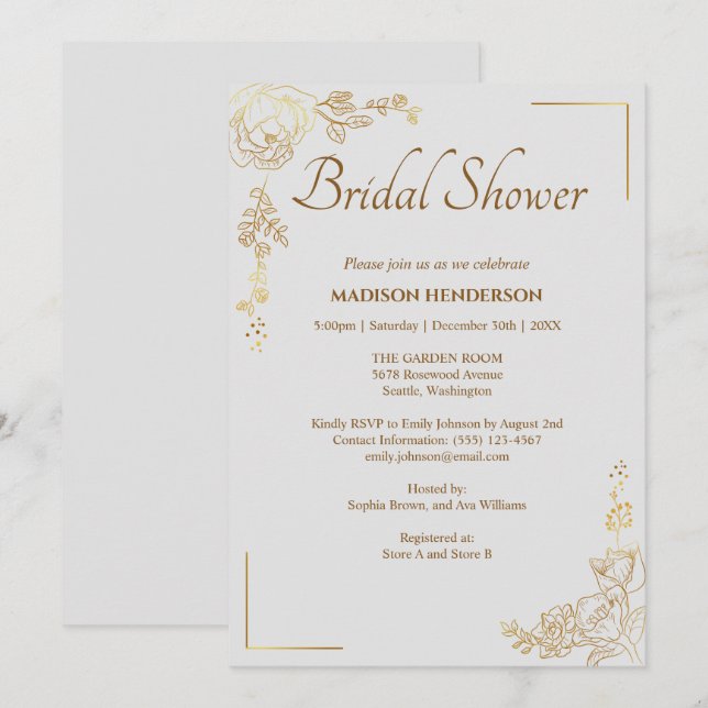 Engraving Golden Floral Wedding Bridal Shower Invitation (Front/Back)