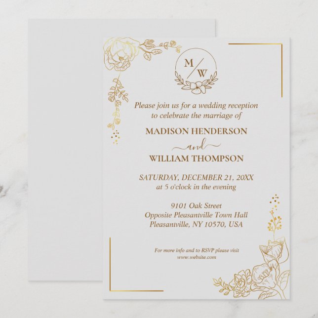 Engraving Golden Floral Wedding Reception Invitation (Front/Back)