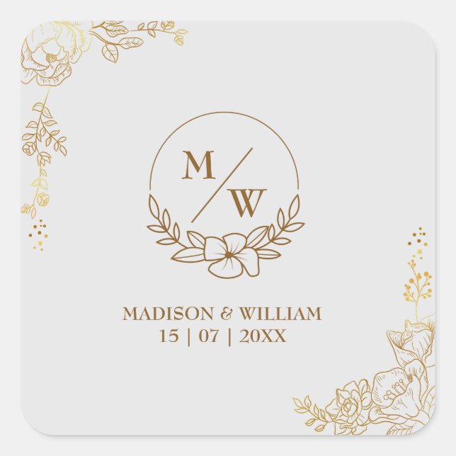 Engraving Golden Floral Wedding Square Sticker (Front)