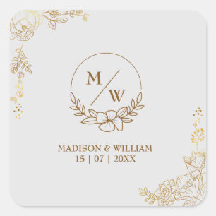 Engraving Golden Floral Wedding Square Sticker