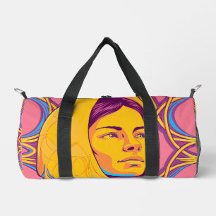 Enigmatic Brazilian Woman in Vibrant Pop Art Duffle Bag
