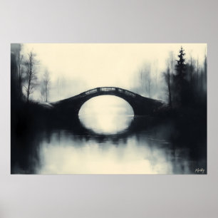 Enigmatic Bridge Amidst Foggy Reflections in B&W Poster
