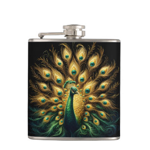 Enigmatic Peacock in Verdant Plumage Hip Flask