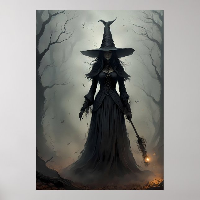 Enigmatic Witch in a Dark, Eerie Forest Poster (Front)