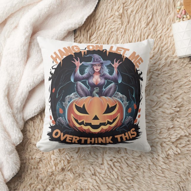 Enigmatic witch pondering atop a pumpkin at dusk cushion (Blanket)