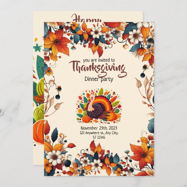 ENJOY A FEAST WITH SEASONAL FLOWERS AND TURKEY INVITATION (Front/Back)