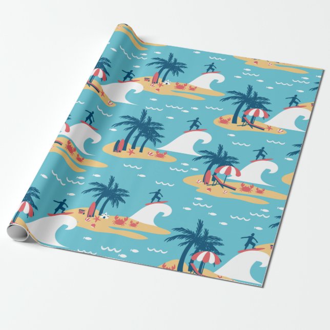 Enjoy Blue Surfing Cartoon Illustration Wrapping Paper (Unrolled)