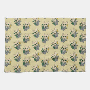 Enjoy Champagne with Frenchie at Your Celebration Tea Towel