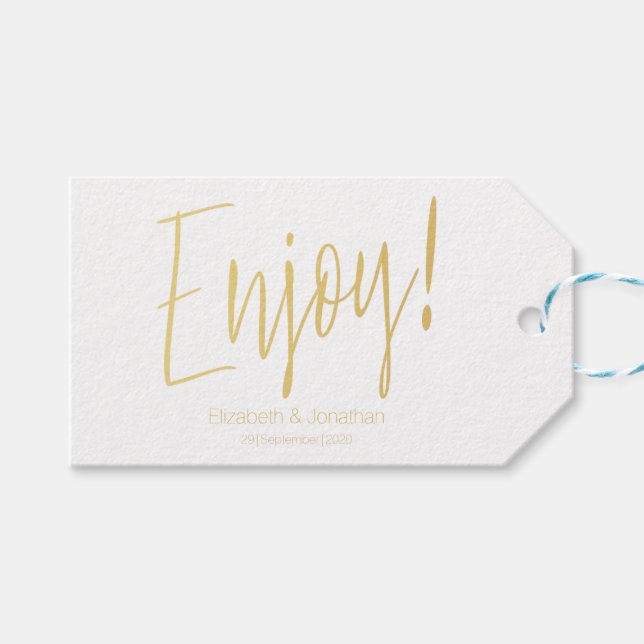 "Enjoy" Gold Calligraphy Wedding Favor Tag (Front (Horizontal))
