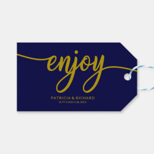 Enjoy Gold Navy Blue Calligraphy Wedding Favour Gift Tags