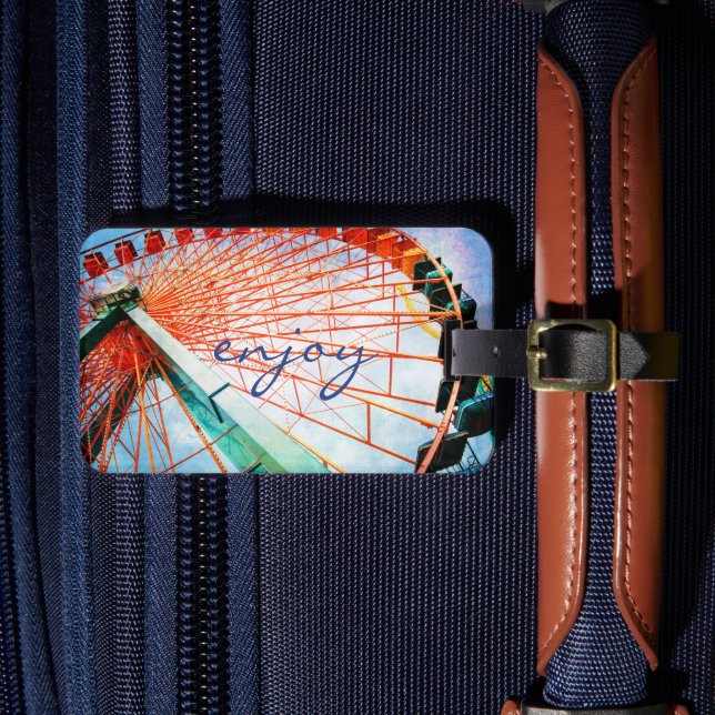 Enjoy Script Colorful Carnival Ferris Wheel Photo Luggage Tag (Front Insitu 4)