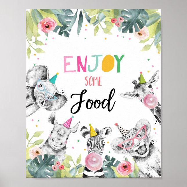 Enjoy Some Food Safari Party Animals Birthday Sign (Front)