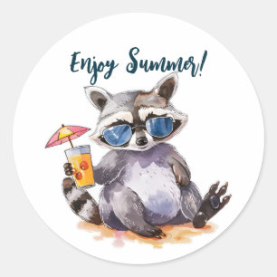 Enjoy Summer racoon watercolor Classic Round Sticker
