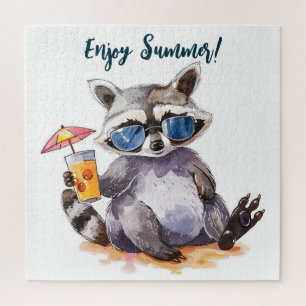 Enjoy Summer racoon watercolor Jigsaw Puzzle