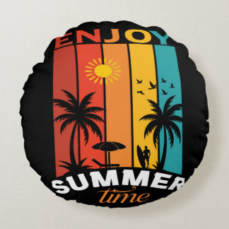 Enjoy Summer Time Retro Beach Tee Round Cushion