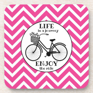 Enjoy the ride bicycle pink chevron quote coaster