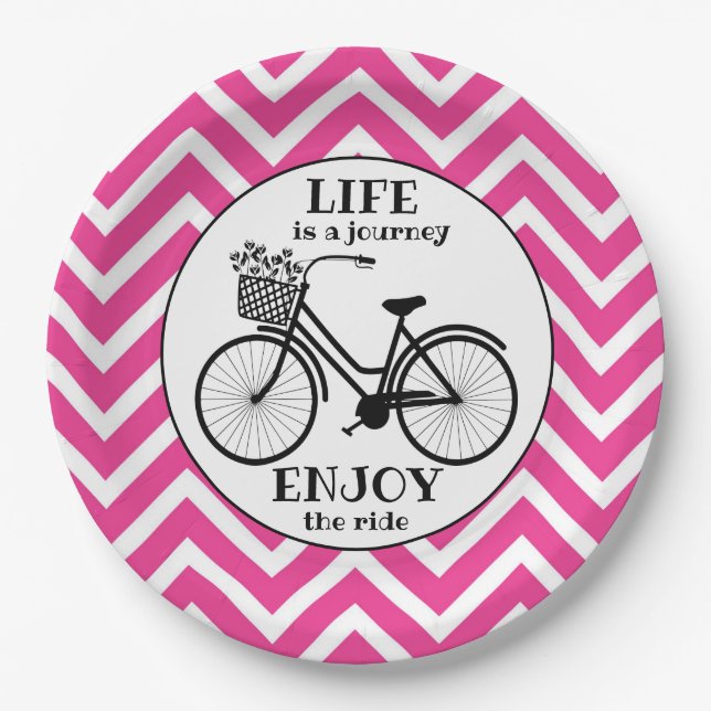 Enjoy The Ride | Bicycle With Flowers Motivational Paper Plate (Front)