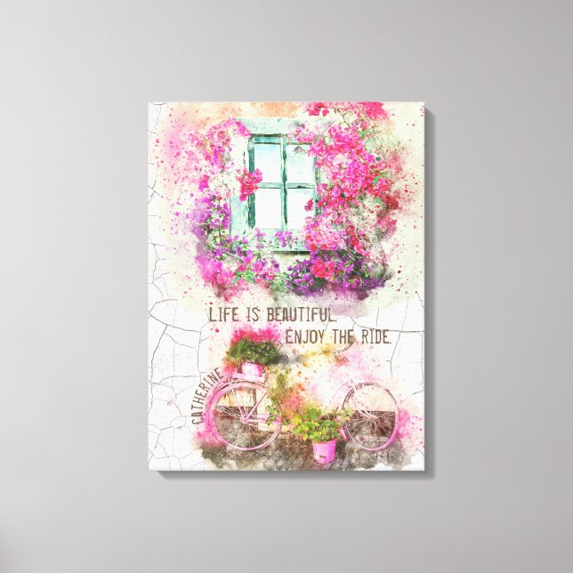 Enjoy The Ride | Watercolor Bicycle With Flowers Canvas Print (Front)