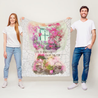 Enjoy The Ride | Watercolor Bicycle With Flowers Fleece Blanket