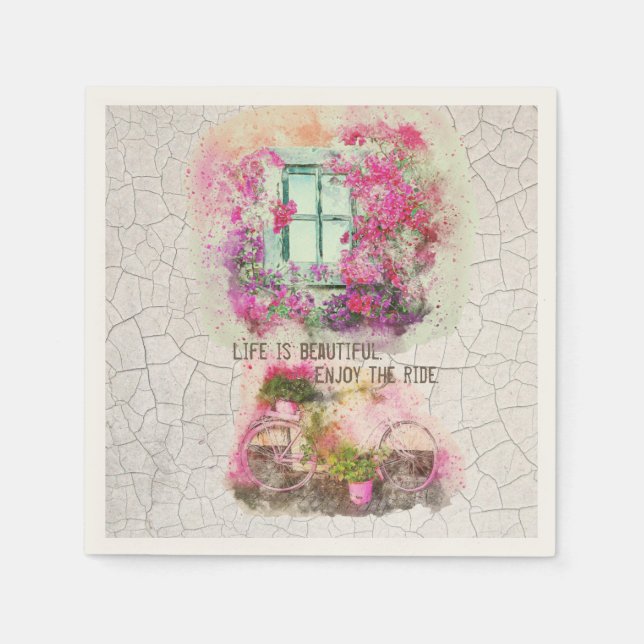 Enjoy The Ride | Watercolor Bicycle With Flowers Napkin (Front)