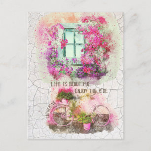 Enjoy The Ride   Watercolor Bicycle With Flowers Postcard