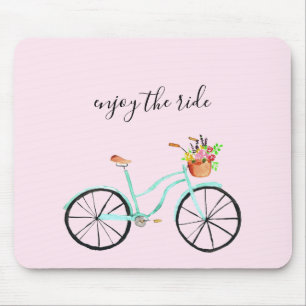 Enjoy the ride Watercolor Bike Flower Basket Cute Mouse Mat