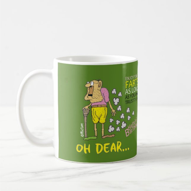 Enjoy your farts - old man birthday green cartoon coffee mug (Left)