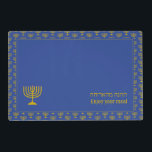 Enjoy Your Meal | MENORAH Laminated Place Mat<br><div class="desc">Enjoy Your Meal | MENORAH Placemat. Modern mid blue reversible MENORAH Table Placemats, showing with faux gold menorah tiled pattern. Near the bottom, there is a larger single menorah, plus text that reads ENJOY YOUR MEAL in English and Hebrew text. These are CUSTOMIZABLE so you can PERSONALIZE with your family...</div>