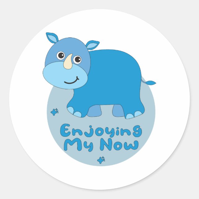 Enjoying my now Kawaii cute blue rhino Classic Round Sticker (Front)