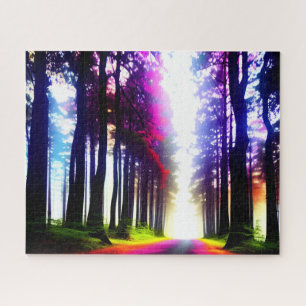 Enlightenment Sunshine Neon Forest Path in Woods Jigsaw Puzzle