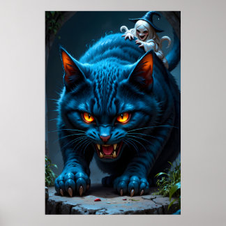 Enormous blue cat with a wicked witch in a dark  poster