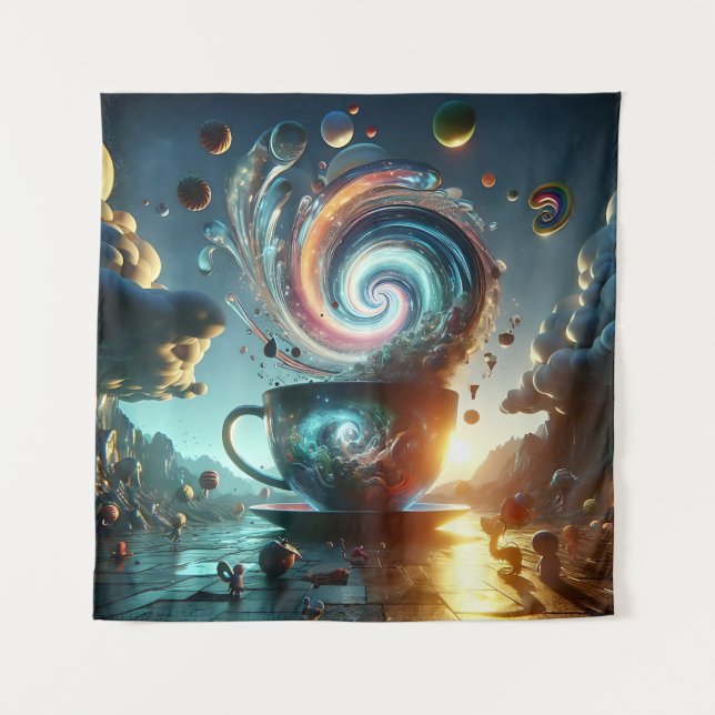 Enormous Teacup with Surreal Floating Saucers Tapestry (Front)