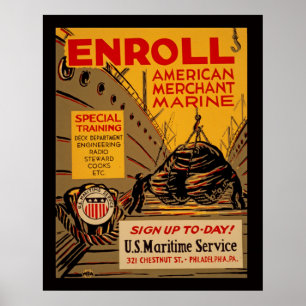 Enrol American Merchant Marine Vintage WPA Poster
