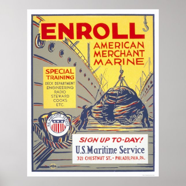 Enrol American Merchant Marine - WPA Poster (Front)