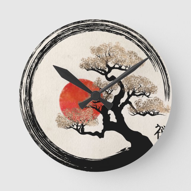 Enso Circle and Bonsai Tree on Canvas Round Clock (Front)