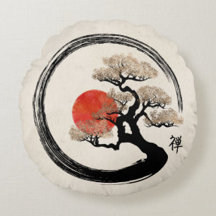 Enso Circle and Bonsai Tree on Canvas Round Cushion