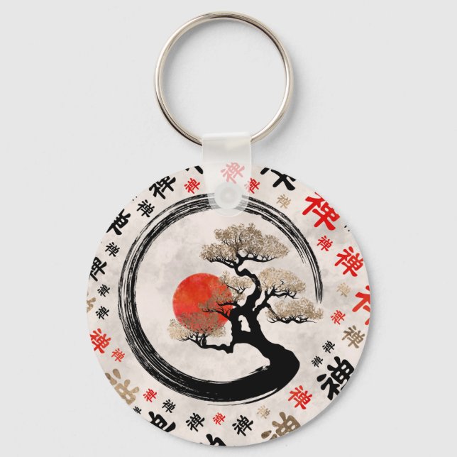 Enso Circle Bonsai Tree on Zen Symbol pattern Key Ring (Front)