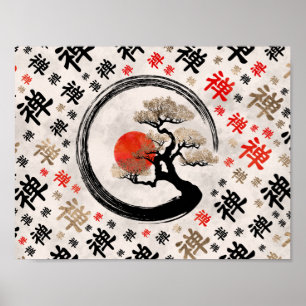 Enso Circle Bonsai Tree on Zen Symbol pattern Poster