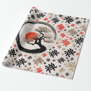 Enso Circle Bonsai Tree on Zen Symbol pattern Wrapping Paper