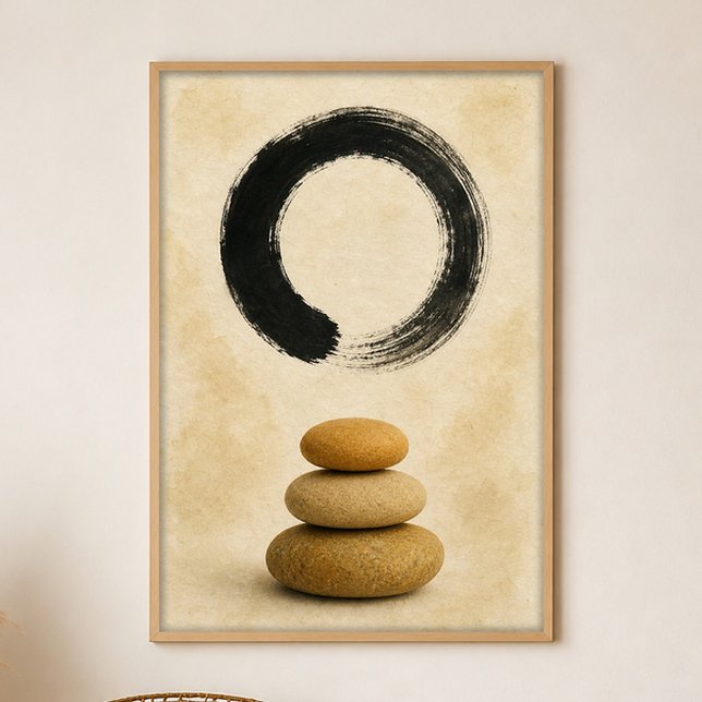 Enso Over Stones Gouache Boho Art Poster (Shown framed for scale. Poster ships unframed; frames are an optional add-on.)