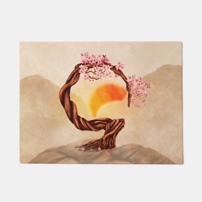 Enso Zen Blossoming Sakura Bonsai Doormat (Front)