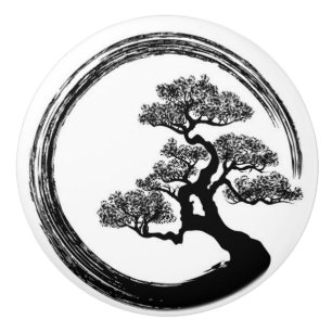 Enso Zen Circle and Bonsai Tree Ceramic Knob