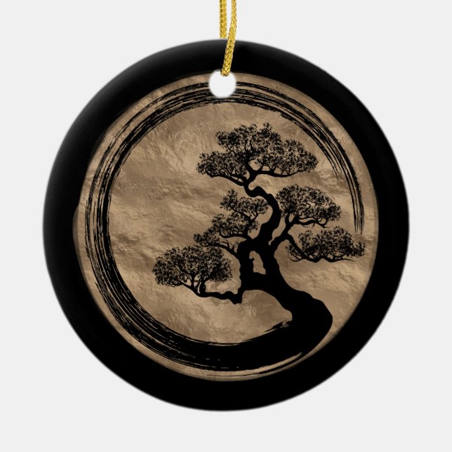 Enso Zen Circle and Bonsai Tree Gold Ceramic Tree Decoration (Front)