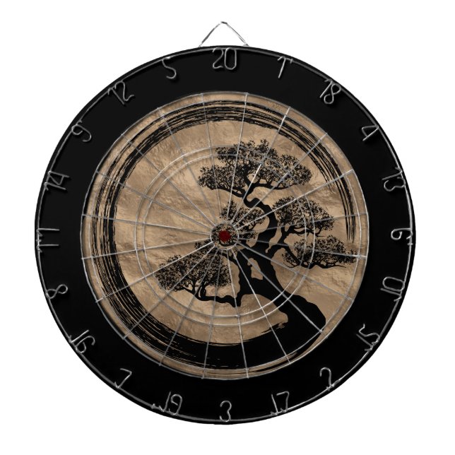 Enso Zen Circle and Bonsai Tree Gold Dartboard (Front)