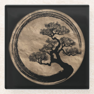 Enso Zen Circle and Bonsai Tree Gold Glass Coaster