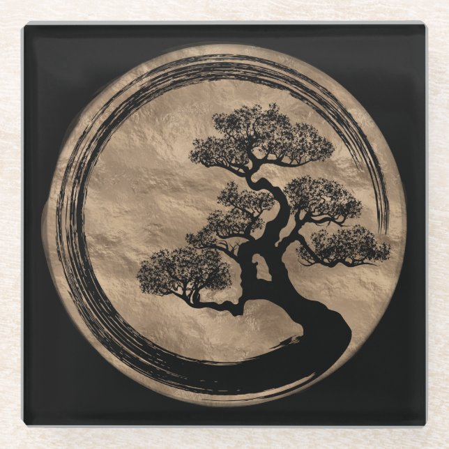 Enso Zen Circle and Bonsai Tree Gold Glass Coaster (Front)